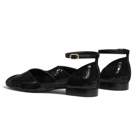 Chanel 20S Black Sequin CC Logo Mary Jane Ankle Strap Ballet Ballerina Flat 38 - Picture 10 of 12